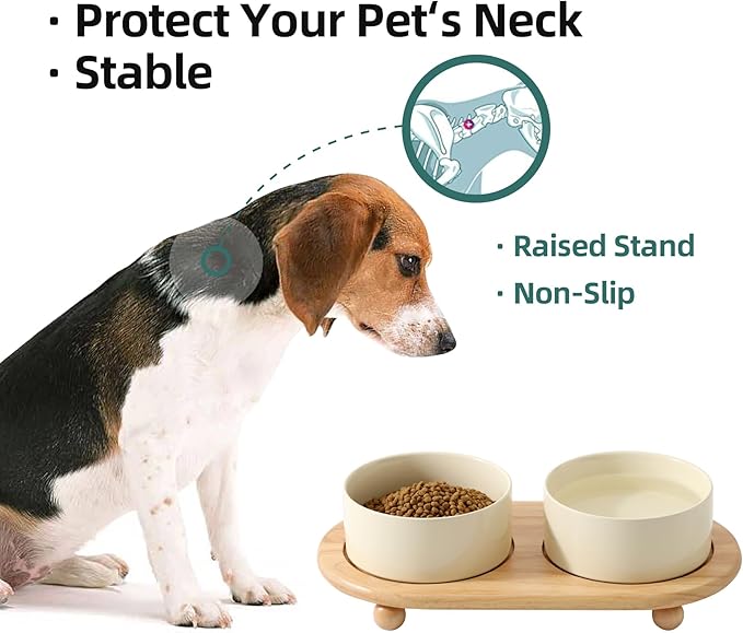 Ceramic Elevated Dog Bowls, Food and Water Bowls for Dogs, Puppy, Raised Dog Dish, Pet Feeder(6inch, 2 x Beige + Stand)
