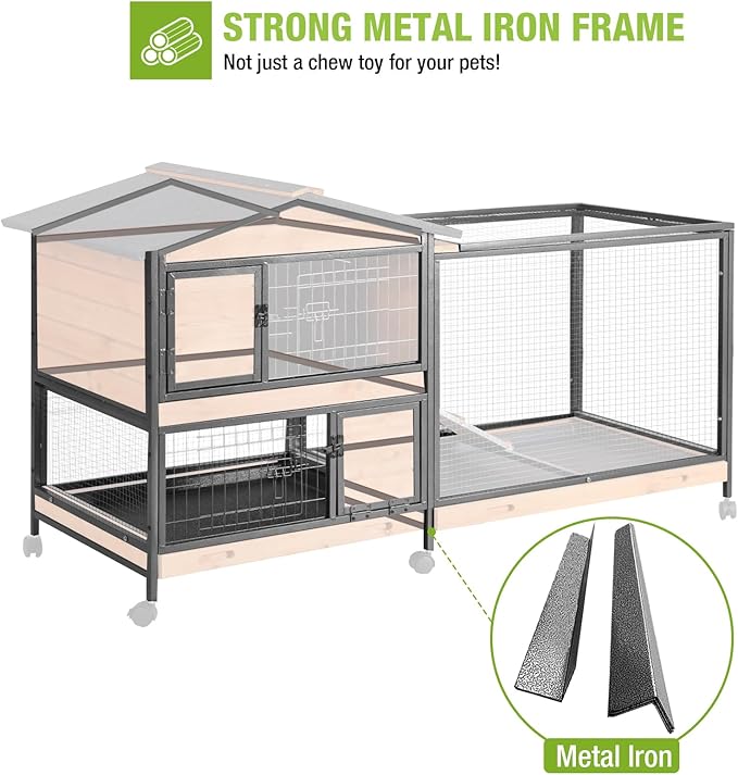 GUTINNEEN Rabbit Hutch with Chew-Resistant Metal Frame Indoor Bunny Cage Outdoor Rabbit Cage with Wheels and Leakproof Tray