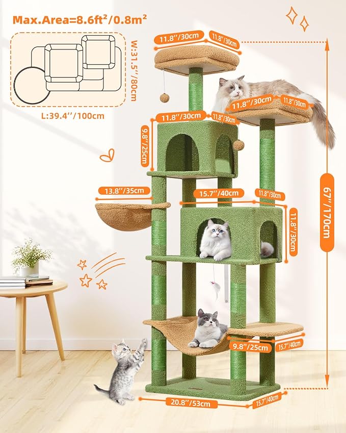 Taoqimiao Cat Tree, 66.2-Inch Cat Tower for Indoor Cats, Plush Multi-Level Cat Condo with 7 Scratching Posts, 2 Perches, 2 Caves, Hammock, 2 Pompoms, MS013T Cactus