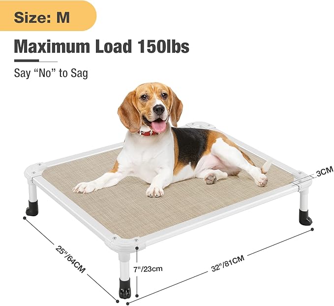 Veehoo Chew Proof Elevated Dog Bed - Cooling Raised Pet Cot - Silver Aluminum Frame and Durable Textilene Mesh Fabric, Unique Designed No-Slip Feet for Indoor or Outdoor Use, Beige Coffee, Medium