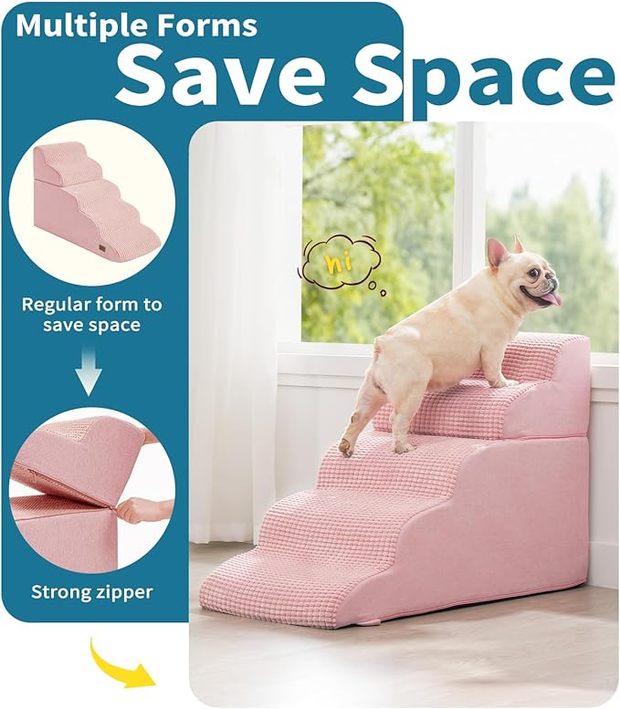 Dog Step for Bed, Dog Stair 5-Step 35D Pet Stair 22.8" H for High Bed or Sofa Non-Slip Balanced Pet Step Indoor, Pink