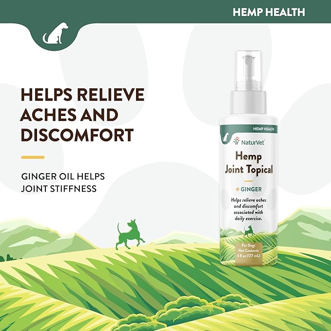 NaturVet Hemp Joint Topical Spray with Ginger for Dogs, 6oz Liquid, Made in The USA