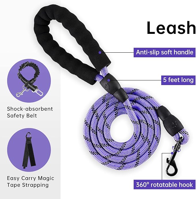 IVY&LANE No Pull Dog Harness for Large Dogs, Dog Vest Harness with Leash, Safety Belt and Storage Strap, Fully Adjustable Harness, 360° Reflective Strip, Soft Handle (Purple, L)