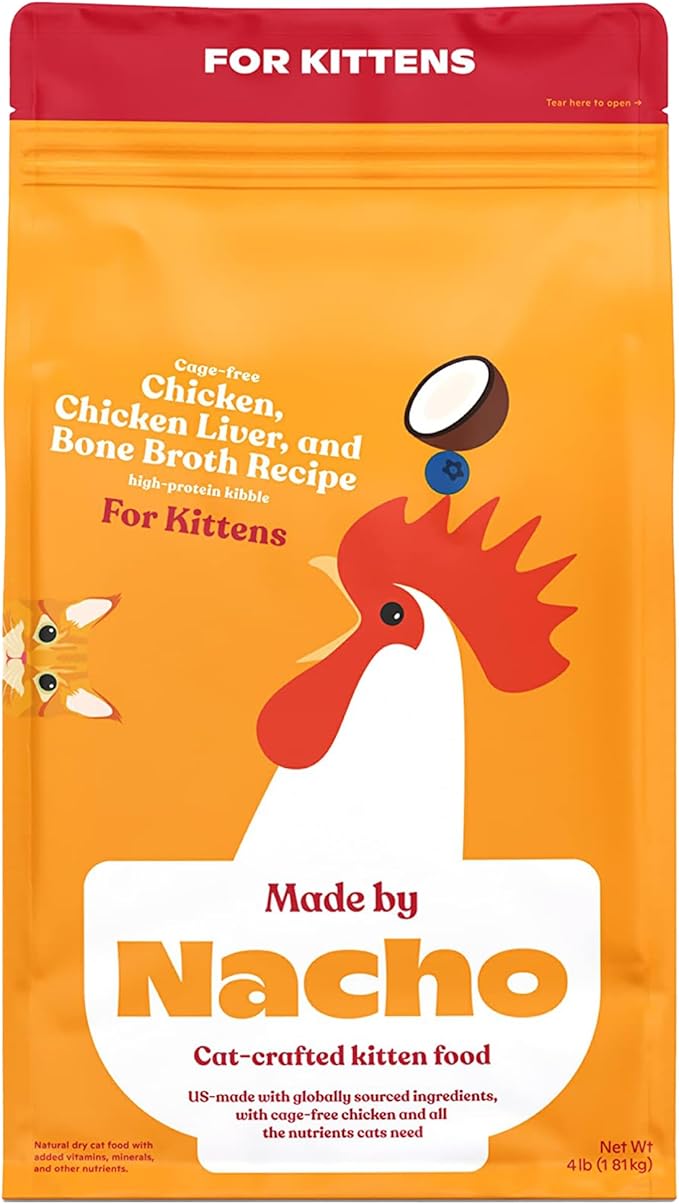 Made by Nacho Kitten Dry Kibble Infused with Bone Broth, Healthy High Protein Cat Food, Cage-Free Chicken and Chicken Liver, 4lb Bag