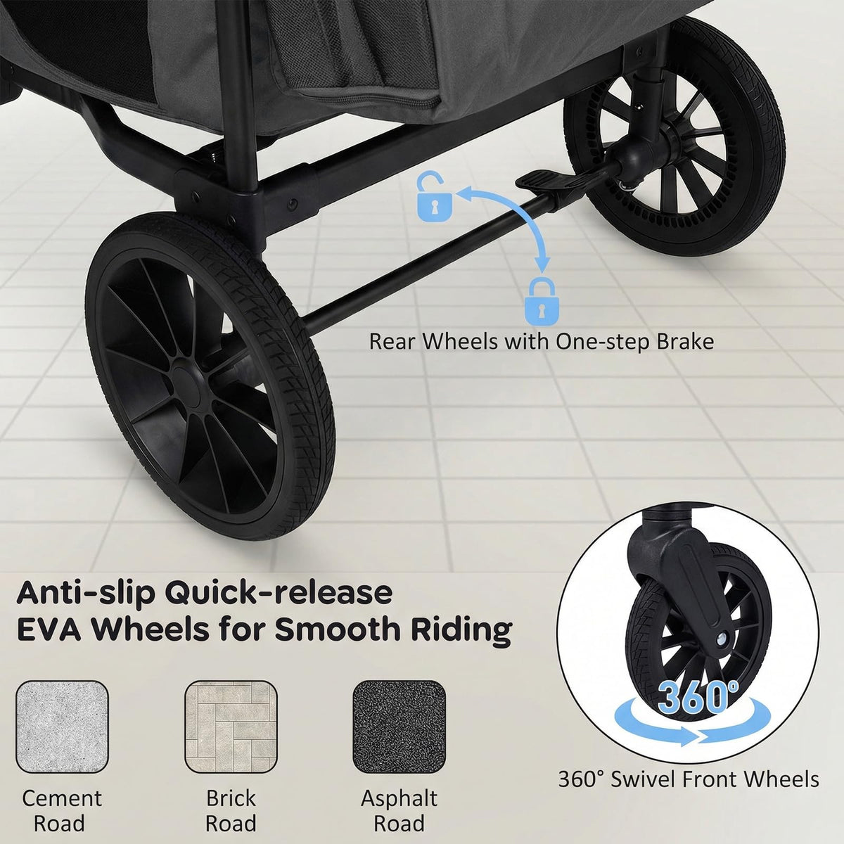 BABY JOY Wagon Stroller for 4 Kids, Foldable Stroller Wagon with Removable Canopy, Adjustable Handle, Snack Tray, Parent Organizer, 5-Point Safety Harness, Convertible Diaper Bag/Changing Pad (Black)