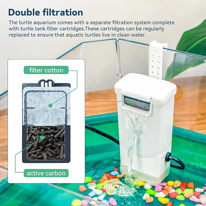 Aquatic Turtle Tank Habitat Kit Stone+Filter+Heat Lamp Enhancing Interaction with 360° Viewing, Standalone Filtration, DIY Creative Zone, Enriched Living (Green, Large[with Light])