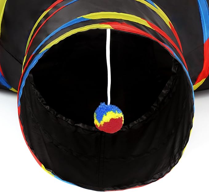 Tempcore 3 Way Collapsible Cat Tube Toys, Kitty Tunnel with Peek Hole Toy Ball, Black & Rainbow