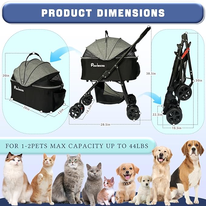 4 Wheels Pet Stroller 4 in 1 Pet Stroller with Detachable Carrier for Small & Medium Dogs Cats up to 55 lbs Easy-Folding Travel Dog Wagon with Car Seat Breathable Mesh,Blue Cartoon