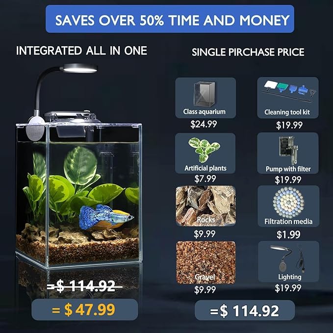 Desktop Glass Fish Tank 1.25 Gallons Small Aquarium Set, Self Cleaning Filter System Bright LED Light Gravel Plant Cleaning Tool, Betta Small Space Kit Easy Setup Space Saving Design