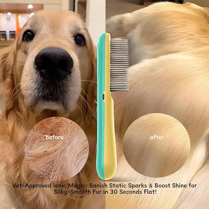 Premium Flea Comb for Dogs & Cats with Long Hair - 3-Row Stainless Steel Detection Tool with Manual Cleaning Brush | Electric Negative Ion Grooming Comb for Shaggy Dogs, Cats and Long-haired Animals