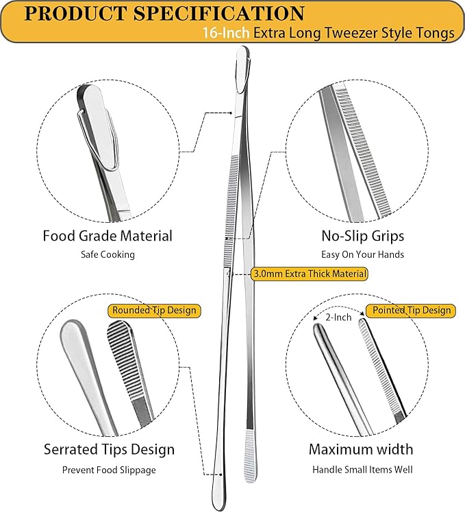 JETKONG 2 Pcs 16-Inch Kitchen Tweezers Extra Long Tweezer Tongs, Heavy Duty Stainless Steel Cooking Tweezers (Silver)