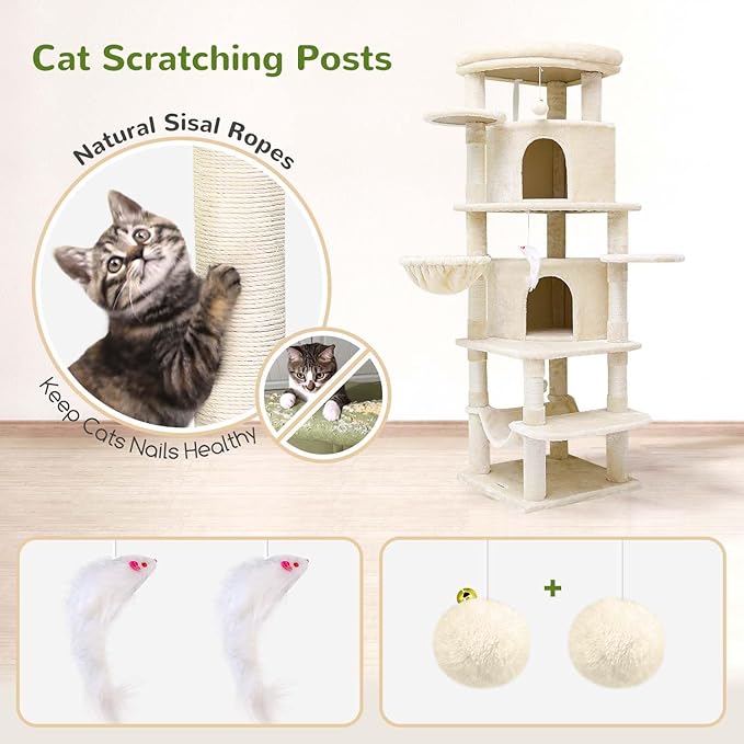 Globlazer Corner Cat Tree for Large Cats, 66inch Tall Curved Series Large Cat Tower for Multiple Indoor Cats with 6 Scratching Posts, 2 Spacious Cat Condos, Hammock, Hanging Basket, C66, Beige