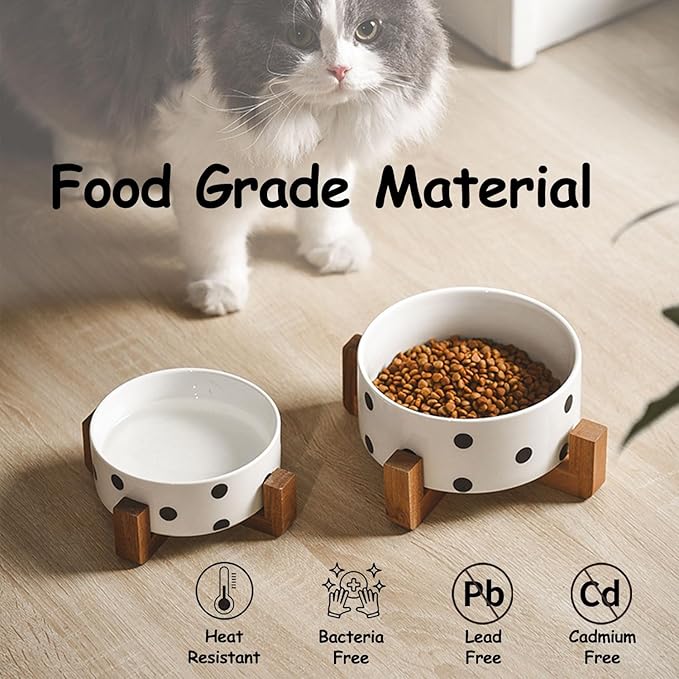Petygooing Ceramic Dog Bowl Set with Stand - Cat & Dog Food and Water Bowl, Medium Size - Anti-Slip, 28 OZ / 3.6 Cups, Black Dot