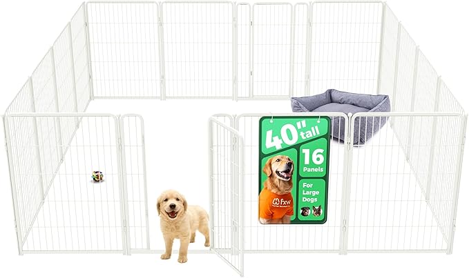 FXW Homeplus Unleashed Indoor Dog Playpen - Stress-Free and Safe Play, Heavy Duty 40 Inch 16 Wire Panels Dog Pen for Medium and Large Dogs, White│Patented