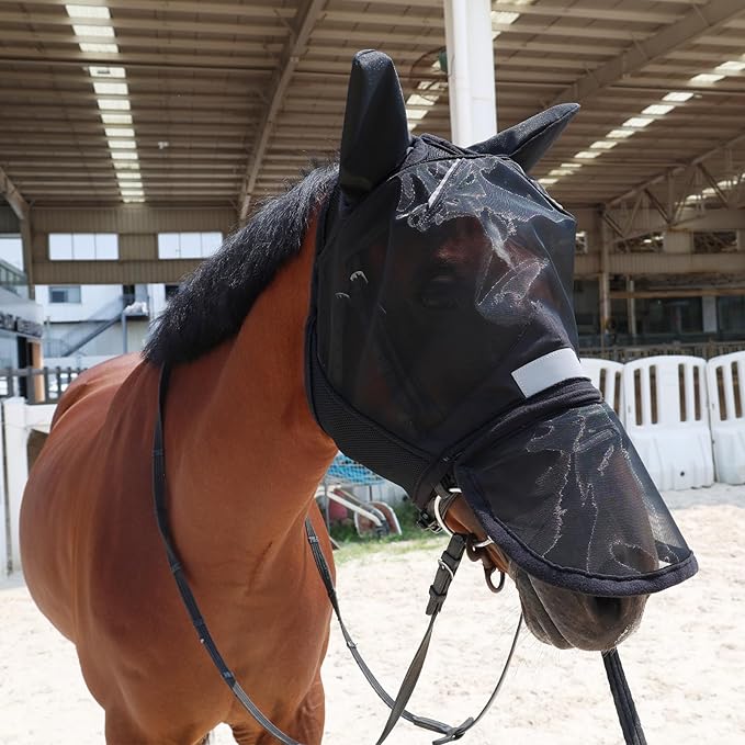 Luminous Horse Fly Mask with Long Nose, Ears, Full Face & Eye Protection - Full Mesh, Detachable Nose Cover, Fleece Padded Edging, Hook-and-Loop Straps with Webbing, Hanging Straps Black