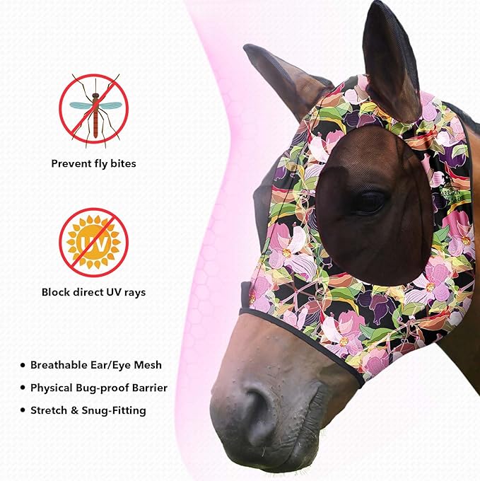 Harrison Howard Super Comfort Stretchy Fly Mask Large Eye Space with UV Protection Soft on Skin with Breathability Blossom Vibe L