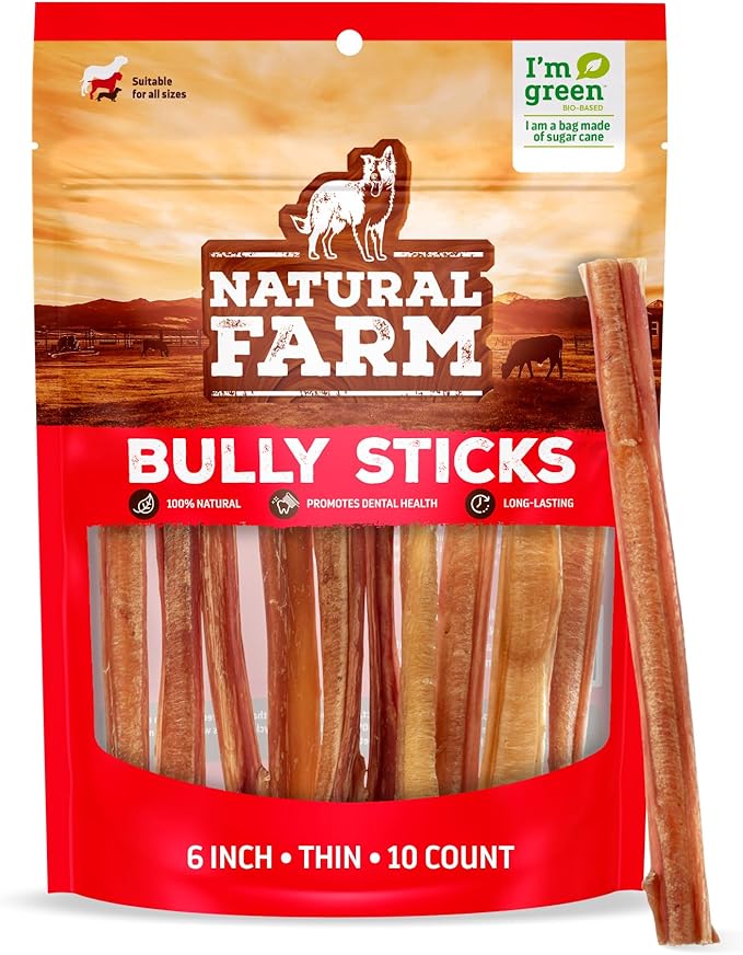 Natural Farm Odor-Free Thin Bully Sticks (6”, 10-Pack) All-Natural Long-Lasting Dog Chews, 100% Beef Pizzle, Grass-Fed, Grain-Free, Protein for Muscle Development & Energy, Perfect for Medium Chewers