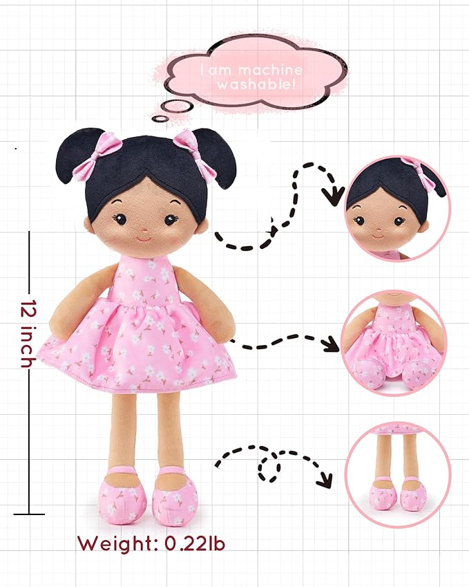 Soft Baby Doll Toys (12''), My First Baby Rag Doll for 1 Year-Old Girl Birthday Gift,Christmas Plush Toys Gift for Toddler Kids Infants-Florabelle-Girl-Pink-Tanned