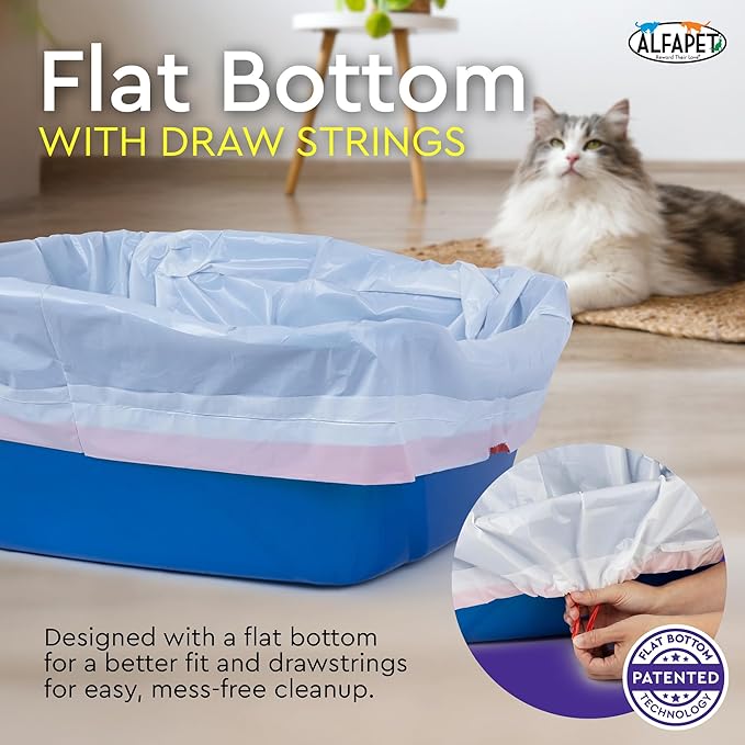 Alfapet Heavy Duty Flat Bottom Cat Litter Box Liners - Extra Giant 15 Count - Tear-Resistant Cat Litter Bags - Kitty Litter Liners for Rectangular Litterbox Pans, 36” x 18” x 2MIL Thick 30 lb Capacity
