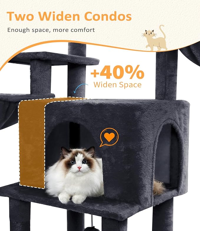 Cat Tree Large Cat Tower Tree 68" Multi-Level Cat Tower for Indoor Cats with Sisal Scratching Posts, Widen Cat Perche, Square Hammock, 2 Widen Condos, Scratching Posts, Grey