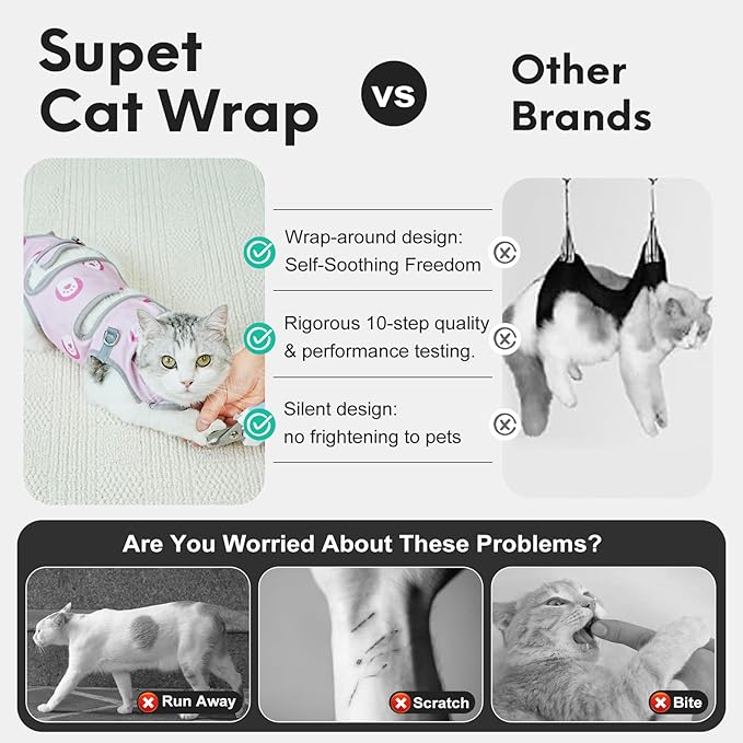 Supet Cat Grooming Hammock, Soft Fabric Nail Clipper Hammock, Self-Adhesive Wrap for Cutting Nails, Quickly Calm Down for Medicine, Teeth Brushing, Ear Cleaning