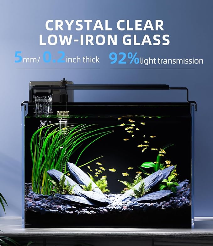 5 Gallon Fish Tank Aquarium Kit with Filter, LED Light with Timer, Siphon Vacuum Cleaner, Lid, Self-Cleaning Glass Rimless Betta Tank
