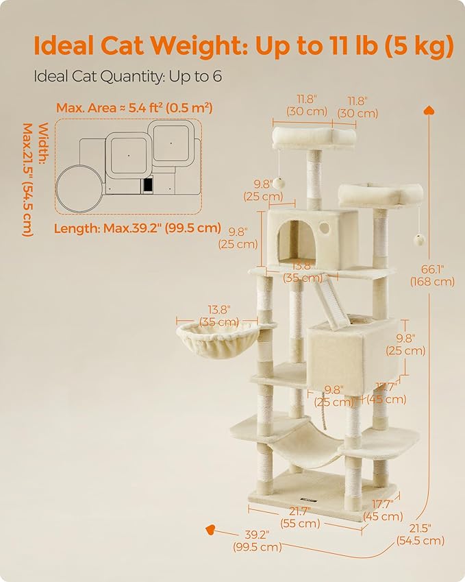 Feandrea Cat Tree, 66.1-Inch Large Cat Tower with 13 Scratching Posts, 2 Perches, 2 Caves, Basket, Hammock, Pompoms, Multi-Level Plush Cat Condo for Indoor Cats, Beige UPCT165M01