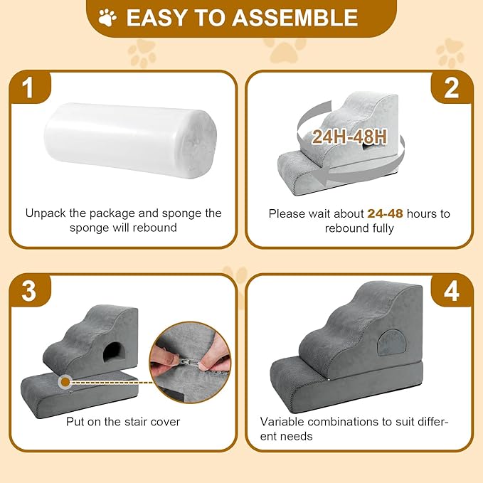 Dog Stairs for Small Dogs 19.7" H, 4-Step Dog Steps for High Bed, High-Density Foam Curved Pet Stairs with Non-Slip Removable Washable Cover to Get on Bed