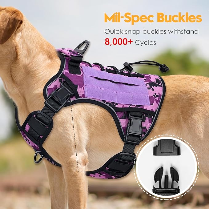 Heavy-Duty Tactical Dog Harness for Large Dogs, No Pull Adjustable Reflective Pet Vest with Molle System, K9 Military-Grade Control for Service Training, Outdoor & 10+ Breeds, Purple Camo, Large