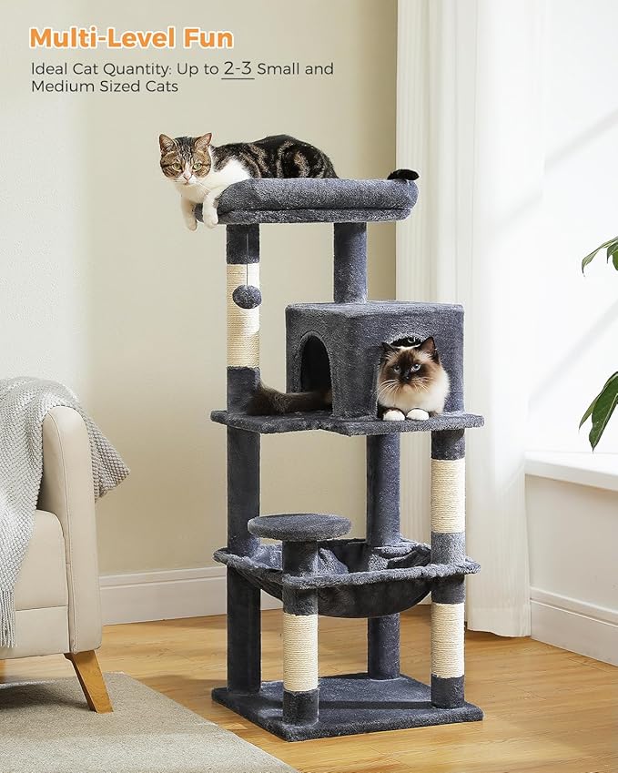 Cat Tree for Indoor Cats, 45.7" Multi-Level Cat Tower with Large Metal Frame Hammock, Cat Condo with 4 Scratching Posts and Top Perch for Small Medium Cat, Dark Grey