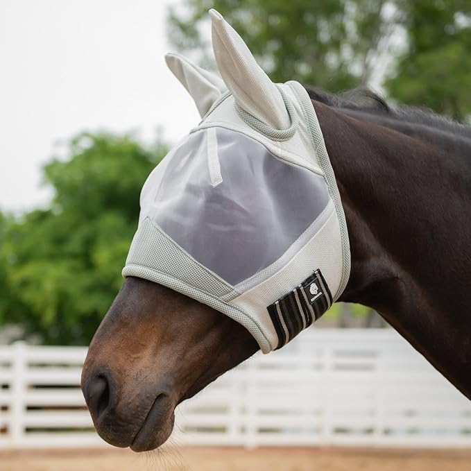 Equinavia Algard Soft Mesh Horse Fly Mask with Ear Protection and 45 UPF Rating | No Eye Irritation & UV Protection - Silver - Horse