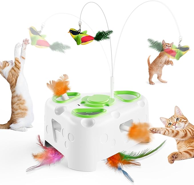 3-in-1 Interactive Cat Toys for Indoor Cats,Automatic Kitten Toy,Flying Bird,6 Holes Mole,Rotating Feather, Rechargeable USB Interactive Cat Feather Toys for Bored Indoor Cats