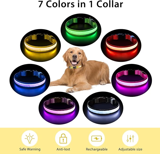 PcEoTllar Light up Dog Collar for Night Walking - LED Dog Collar Light Rechargeable Color Changing, Glow in The Dark Dog Collars Waterproof Glowing Dog Collars for Large Small Medium Dogs