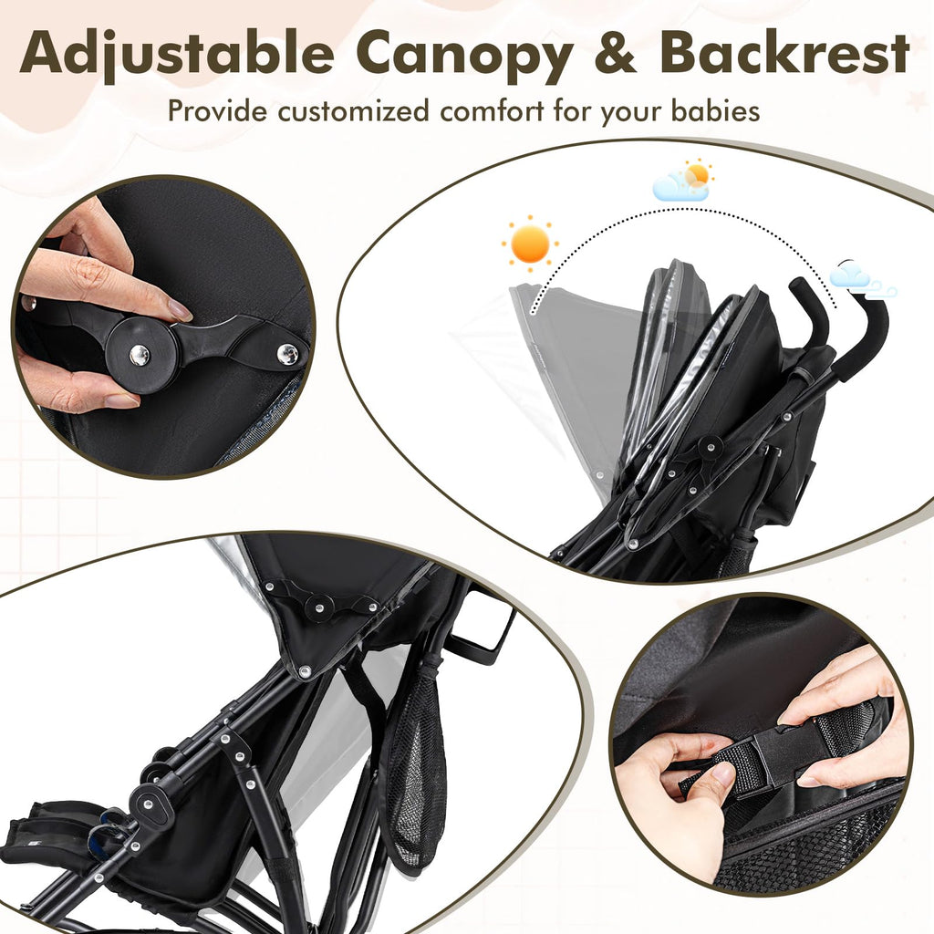 BABY JOY Double Umbrella Stroller, Lightweight Travel Side by Side Twin Stroller with Large Storage, Cup Holder, 5-Point Safety Harness, Adjustable Canopy & Compact Fold for Infant and Toddler (Black)