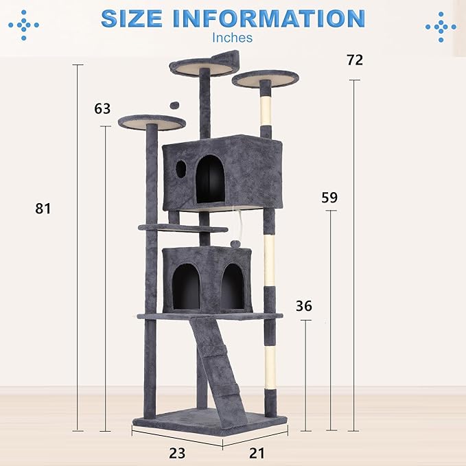 FDW Cat Tree Tower 81in Multi-Level Durable Cat Scratching Post & Cozy Fun Jumping Platform Space Saving Condo Pet Play House for Indoor Cats,Dark Gray