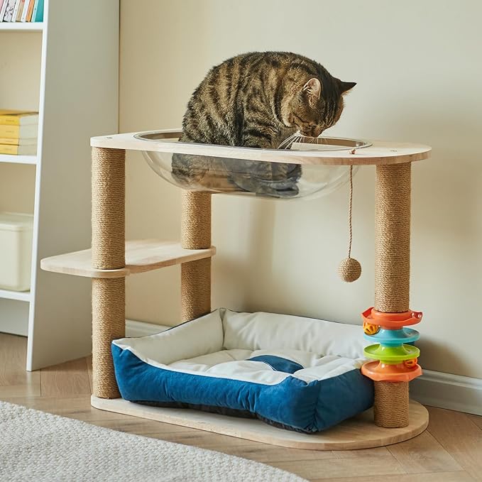 2 Tier Cat Tower,21.85 in cat Perch Wood cat condo with Hammock and Sisal Rope Scratcher Post Hanging Toy Balls for Indoor Large Cats Kittens (Blue)