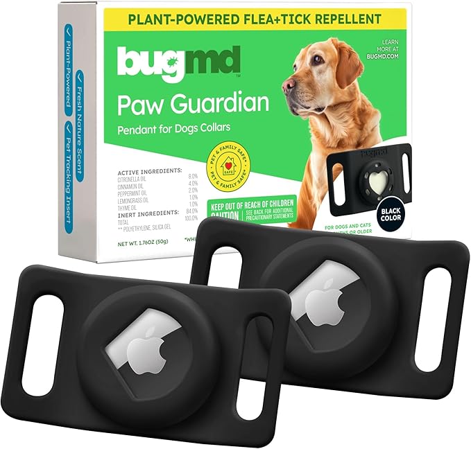 BugMD Paw Guardian Flea & Tick Pendant (2-Pack) with AirTag Holder – Plant-Based Flea & Tick Prevention for Dogs – Pet Collar Tag & GPS Tracker Holder for Dogs – Black