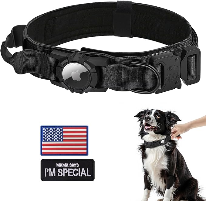 Waterproof Tactical Dog Collar with AirTag Holder - Heavy Duty Adjustable Collar for Medium to Large Dogs, Control Handle & Apple AirTag Compatible [Black,