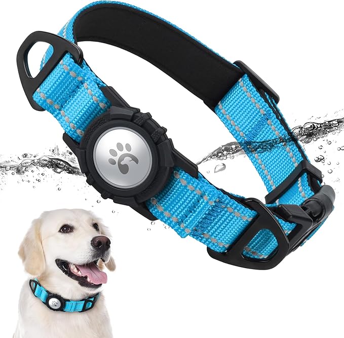 TagME Airtag Dog Collar,Waterproof Reflective Pet Collar with Airtag Holder,Soft Padded and Double D-Rings for Extra Large Dogs,Light Blue