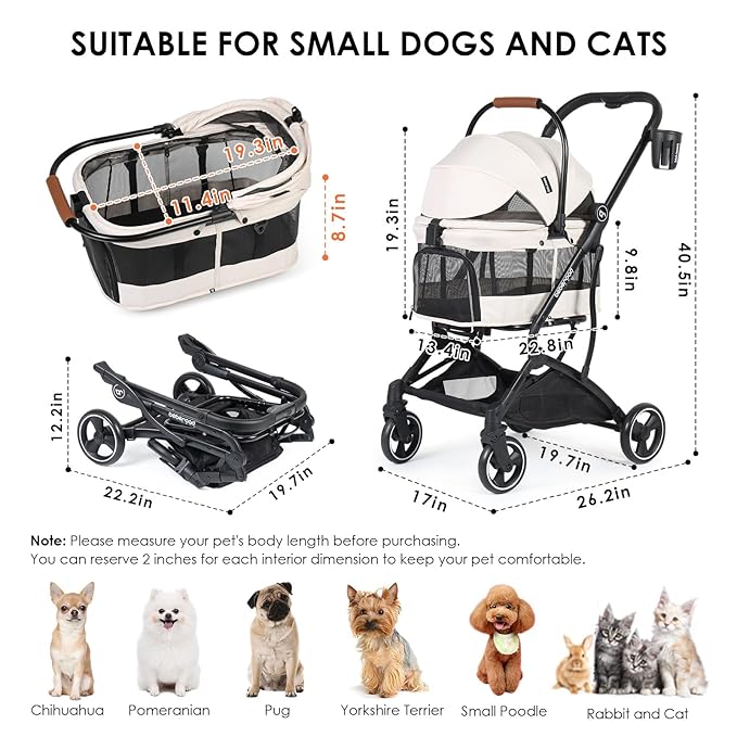 T3 Foldable Pet Stroller for Small Dogs & Cats – 3-in-1 Lightweight Design, 180° Canopy & Detachable Carrier (Beige)