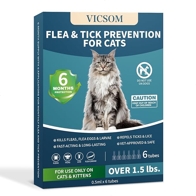 Flea Treatment for Cat Flea and Tick Prevention for Cats Kitten, 6-Month Supply, Cat Flea Treatment & Control, Repellent, Fast Acting Topical Drops for Cats, Over 1.5 lbs, 24-Hour Protect
