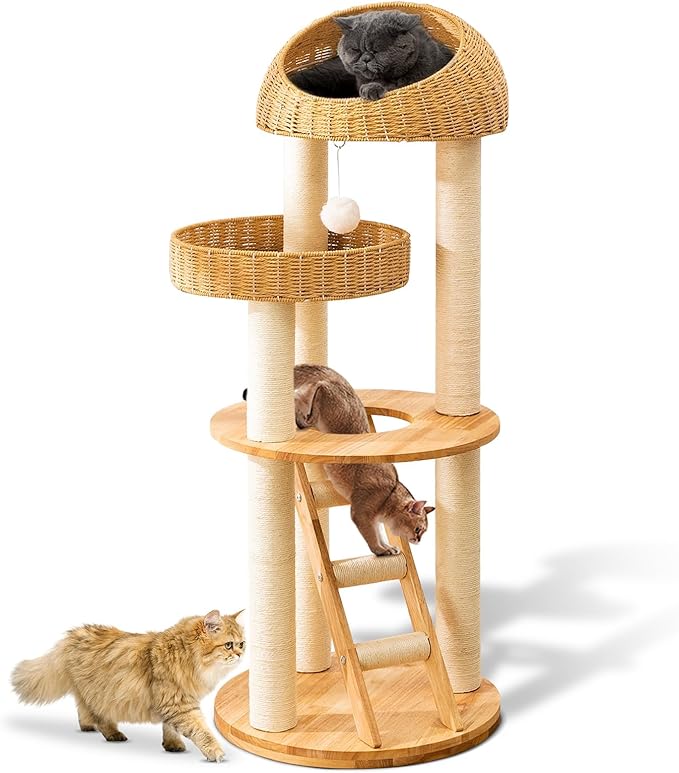 Big Modern Design Cat Tree Tower, Cat Tower Sisal-Covered Scratching Posts for Indoor Cats, Natural Oak Wood Cat Tree for Large Cats, Multi-Level Cat Condo with Sisal Staircase
