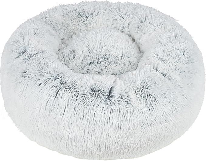 Best Pet Supplies Round Donut Dog Bed with Plush Faux Fur Fabric, Calming, Anti-Anxiety Cushion for Indoor Pets, Slip-Resistant Base, Soft Ergonomic Support - Light Warm Gray, 20x20x6''