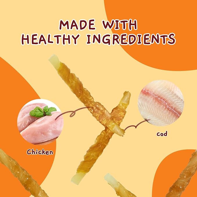 Jungle Calling Rawhide Free Treats for Dogs, Chicken Wrapped Cod Sticks Dog Treats, Soft Chewy Snacks for Training Rewards, 10.6 oz (Chicken)