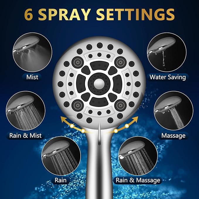 6 Spray Modes High Pressure Handheld Showerhead Set Upgraded 5 Inches Shower Head with Handheld Spray Premium Chrome Handheld Shower Head 60 Inches Stainless Steel Hose-1-Min Install