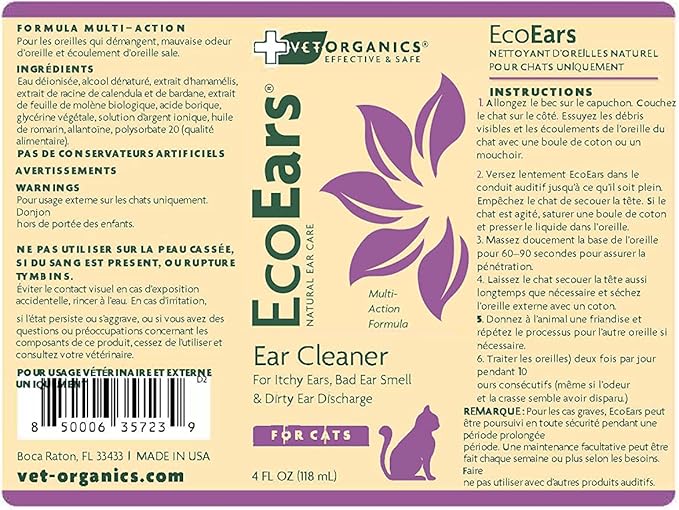 Vet Organics EcoEars Cat Ear Cleaner. Natural Multi-Action Formula. for Itch, Head Shaking, Discharge & Smell. Naturally Cleanses Away Common Problems. 100% Guaranteed (4 oz)