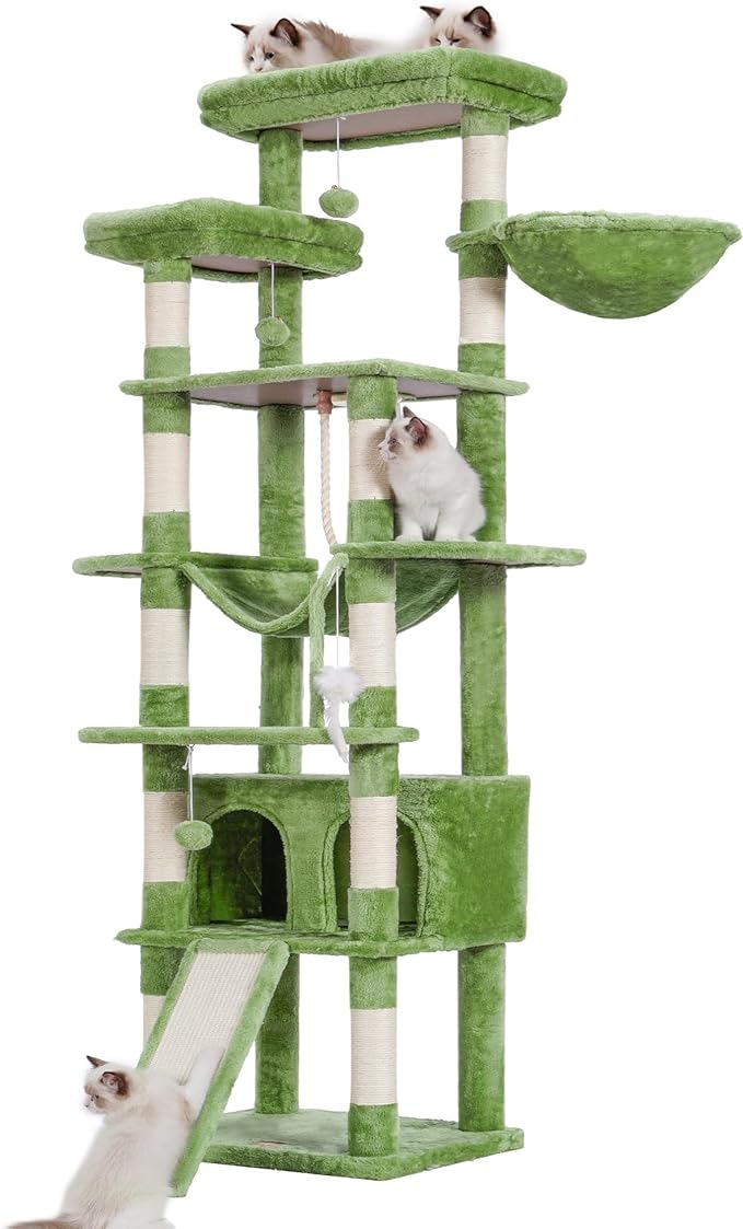 Heybly Tall Cat Tree,78 inch Multi-Level Cat Tower for Indoor Cats, 2 Widened Plush Perches Cat Condo with Scratching Board and Big Caves, Green HCT033GR