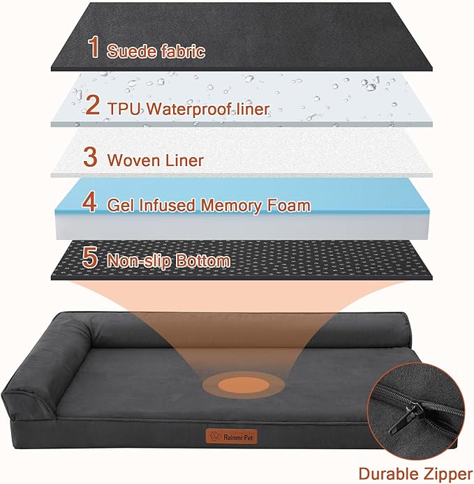 Chew Proof Dog Bed, 3" Memory Foam Dog Bed for Medium and Large Dogs, Removable and Washable Microsuede Cover, Waterproof Liner, Nonskid Bottom, 44x32, XXL Dark Grey