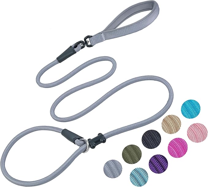 Slip Lead Dog Leash，Strong Nylon Rope Leash and Padded Handle,No Pull Outdoor Walking Training Lead for Small Medium Large Dogs(Grey, 1/2"×6ft)