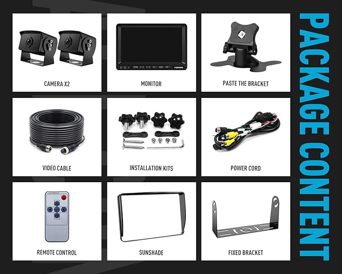 Fookoo Ⅱ 7" HD 1080P Wired Backup Camera System, 7-inch Dual Split Screen Monitor W/Recording IP69 Waterproof Front View Rear View Camera Parking Lines for Truck/Trailer/RV/Skid Steer (FHD2)